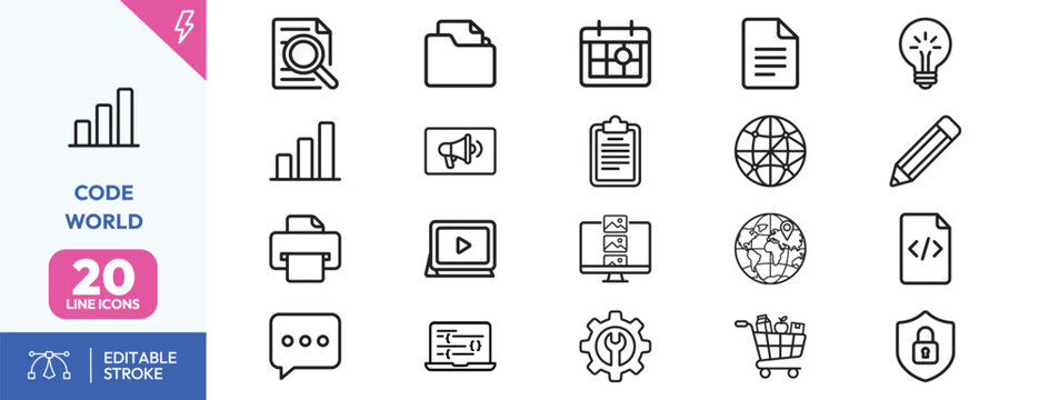 Software Development code, editor, printer, globe, security, chart. Editable stroke. Vector illustration.