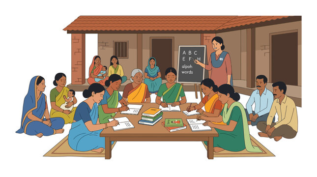 Adult learning class in rural India, women studying, teacher at blackboard, education concept
