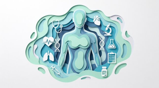 Human anatomy figure surrounded by medical equipment in layered paper art style with soft blue colors