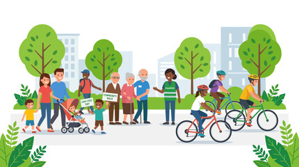Fototapeta premium Diverse people enjoying outdoor city park activities, cycling, walking, family fun
