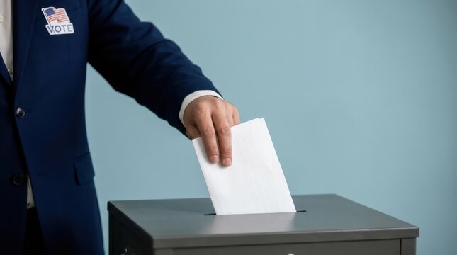 Person in a suit jacket putting a ballot paper into a vote box during an election for democratic government