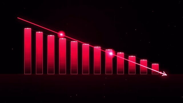 Red bar chart showing a downward trend with a glowing arrow on a dark background