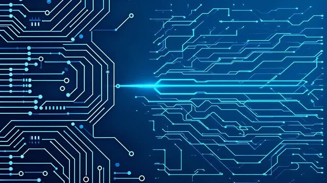 Blue glowing circuit board with lines and connection points on dark background