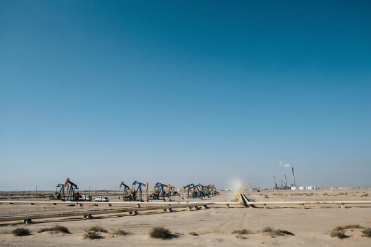 Oil pump jacks operating in a desert landscape with clear blue sky