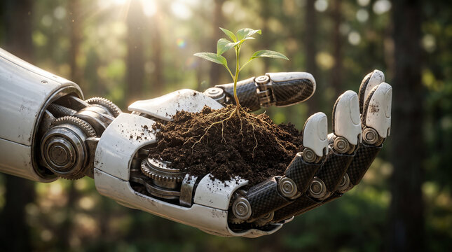 Robot hand holding a small green plant in soil with a forest in the background