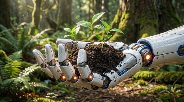 A futuristic robotic hand holding a handful of rich soil with small green saplings growing out of it in a lush forest environment