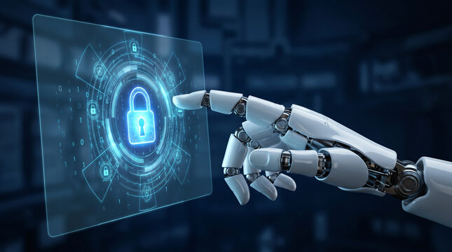 Futuristic robotic hand touching a digital holographic interface with a glowing padlock icon representing cybersecurity and data protection