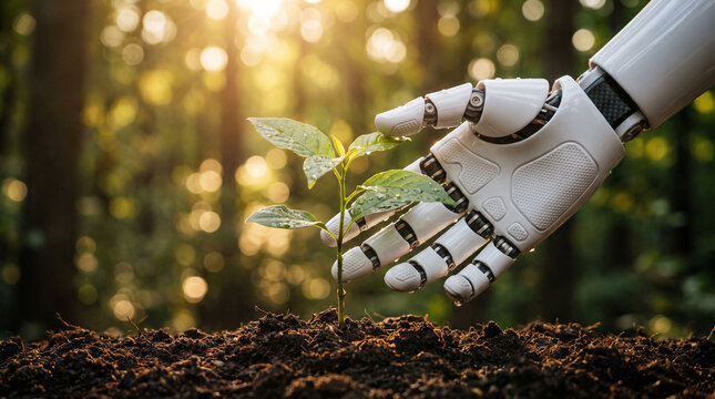A robotic hand gently touching a small green plant growing in the soil, symbolizing the intersection of technology and environmental sustainability