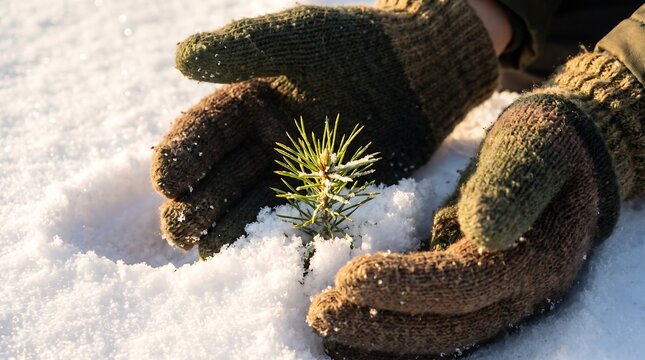 Hands in knitted gloves holding a small pine sprout growing through winter snow.