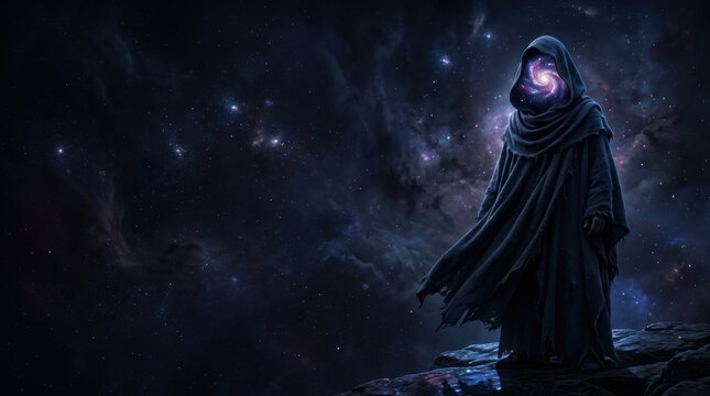 Hooded Figure with a Galaxy Face in Space
