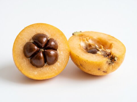 Fresh ripe loquat cut in half revealing large brown seeds and juicy yellow flesh