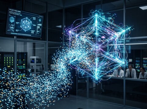 Glowing holographic cube interface displaying advanced data structure in modern laboratory