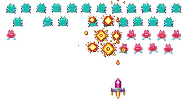 Retro Pixel Art Space Shooter Game Animation on White Background