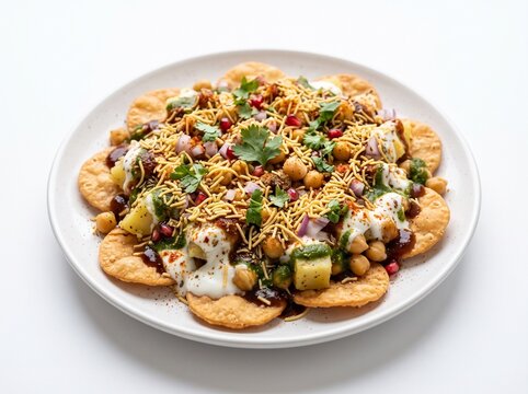 Delicious papdi chaat topped with yogurt tamarind chutney sev and pomegranate seeds