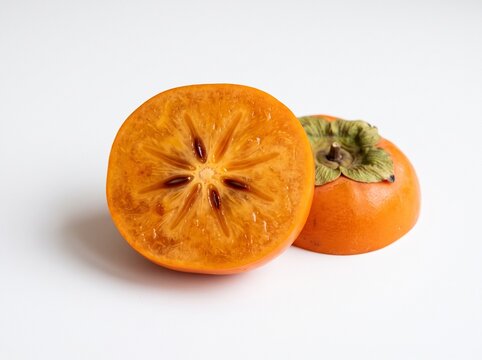 Fresh ripe persimmon sliced in half showing juicy orange flesh and dark seeds