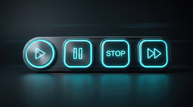 Glowing blue neon music media control buttons set against a dark metallic reflective studio background surface
