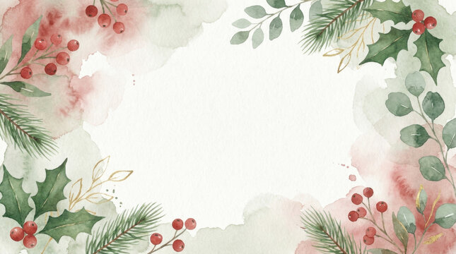 Christmas Border with Pine Branches and Berries