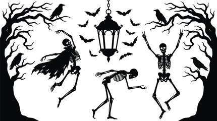 Fototapeta premium Dancing skeletons silhouette set for halloween vector graphic design with spooky ravens bats and iron lantern