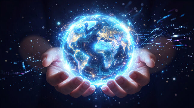 Human hands holding a glowing blue digital circuit board earth globe representing global technology network and environmental protection.