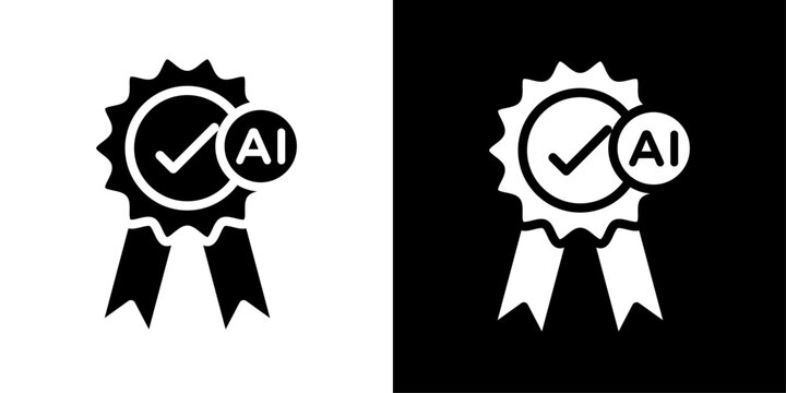 AI reliability badge icon with ribbon and checkmark, for quality assurance, certification, and trusted AI apps
