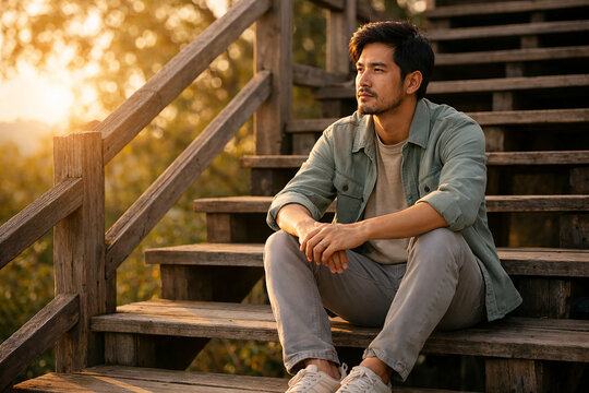 Young Asian Man Sitting Thoughtfully on Outdoor Wooden Stairs