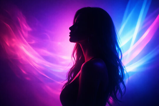 Silhouette of Woman Profile Under Neon Blue and Pink Lights