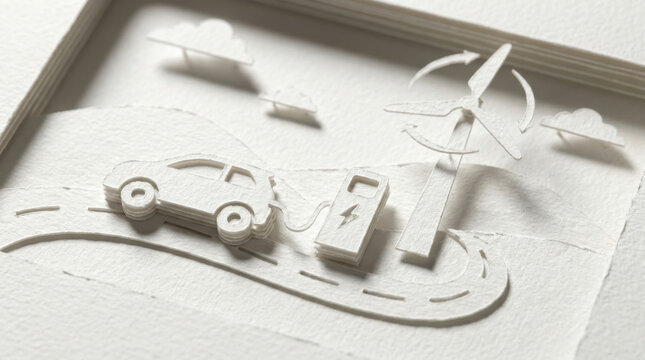 3D white monochrome futuristic eco-city island with sustainable energy and environment icons.