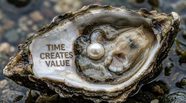 Macro photograph of an open oyster shell on a wet pebbly beach containing a lustrous round pearl and the engraved text TIME CREATES VALUE on the iridescent inner nacre surface.