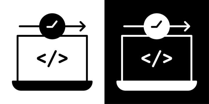 AI runtime icon with laptop and code brackets, for software execution, coding automation, and developer tools apps