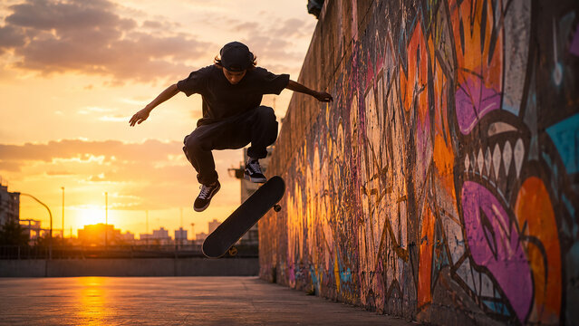 Skateboarder Jumping High at Sunset Near Colorful Street Graffiti