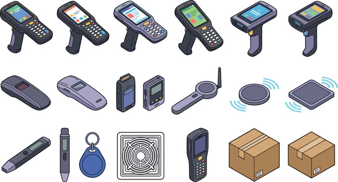 Barcode scanner vector illustration set with isometric data terminal rfid reader and warehouse logistics boxes graphic design elements