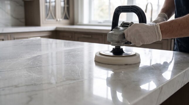 Tradesman hands close up, with rotary buffer tool, polishing marble stone countertop, modern home kitchen interior, renovation service photography