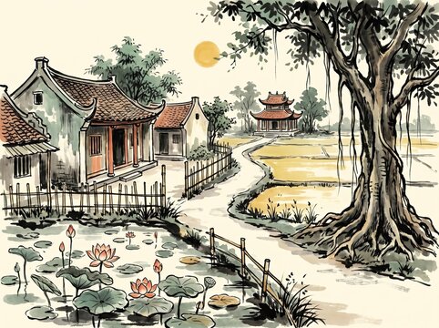 Poetic Kinh Bac countryside in Bac Ninh, traditional Vietnamese village with old tiled houses, bamboo fences, lotus pond traditional Vietnamese xieyi sumi-e ink wash landscape painting