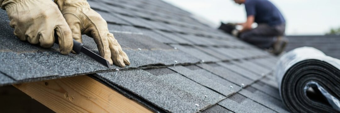 Professional roofer wearing leather gloves installs dark asphalt shingles using roofing nails and utility knife on steep slope.