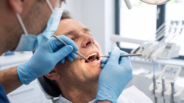 Male dentist and patient, dental mirror and probe checking teeth close up, examining mouth during checkup procedure, modern dental clinic office, medical healthcare photography