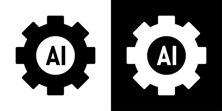 AI settings gear icon with configuration badge, for app settings, system preferences, and automation control apps

