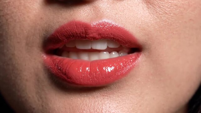 Close up of beautiful woman talking with vibrant red lipstick