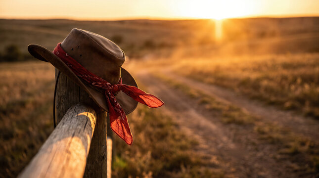 Rustic leather cowboy hat and red bandana on wooden ranch fence beside dirt road at western sunset.