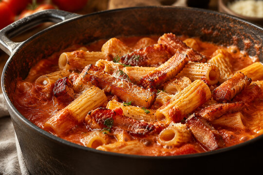 Cast iron pot with bubbling tomato sauce, crispy guanciale, and pasta.