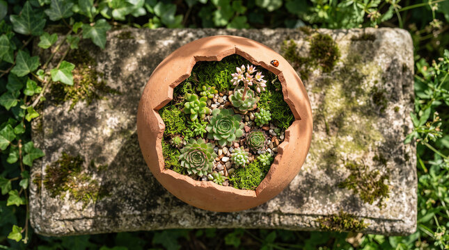 Succulent arrangement in cracked terracotta pot planter with moss and ladybug on garden stone.