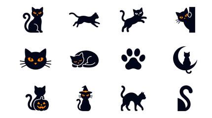 Obraz premium Black cat icons display various feline poses and Halloween symbols isolated on a white background.