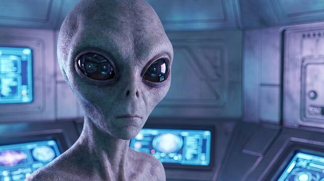 Grey alien standing in futuristic spaceship cabin