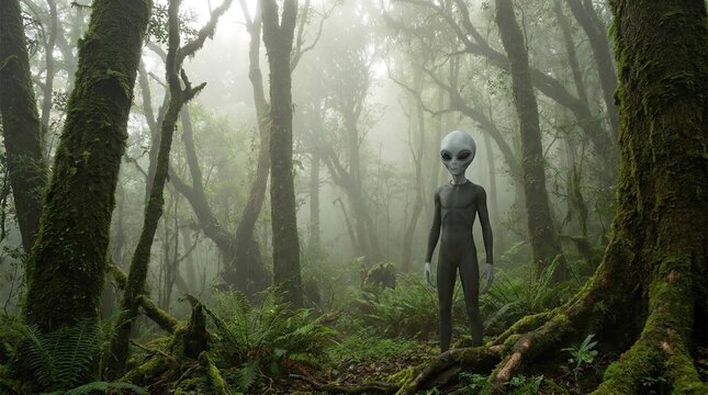 Grey alien standing in misty mossy forest
