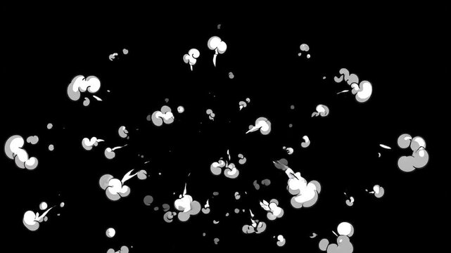 Animated Cartoon Style White Smoke Explosion Cloud on Solid Black Background