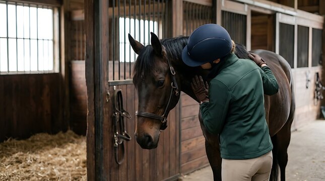 Equestrian woman wearing a dark green jacket and protective helmet gently petting her beautiful brown horse inside a rustic stable