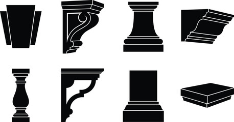 Classical Architectural Architectural Elements Vector Icon Set Featuring Corbel Brackets Balusters Pillars and Pedestals Silhouette © MdImamAli