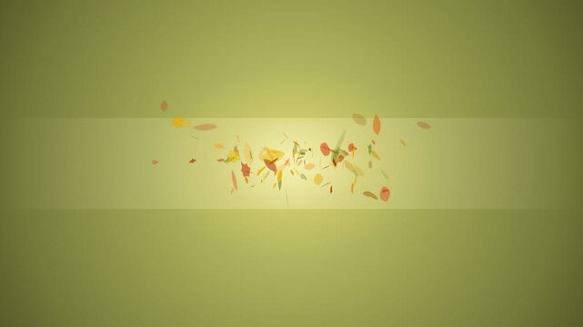 Autumn leaves float and scatter across a soft green gradient background with central light.