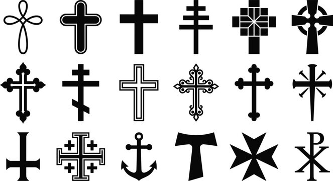 Christian cross symbols vector set featuring various religious crucifix icons celtic maltese and orthodox shapes isolated illustration