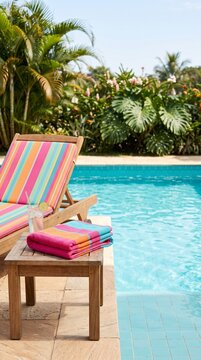 Relaxing poolside scene with colorful striped lounge chair and tropical plants