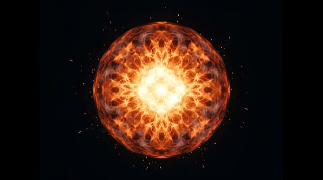 Symmetrical glowing fireball sphere with orange flames and sparks against black background